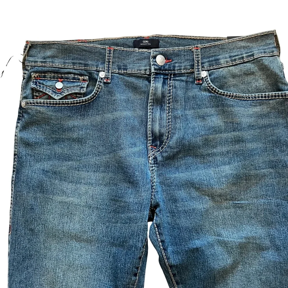 True Religion Geno Big T Flap Slim Jeans Mens 36 Medium Steamy Wash Blue 700393‎